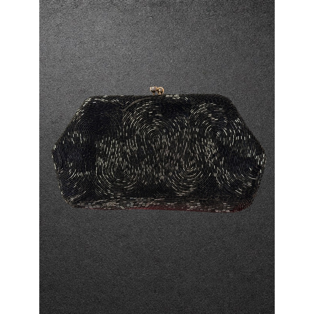Magid Vintage Hand Beaded Clutch Black Silver Swirl Kiss Lock Evening Bag Japan